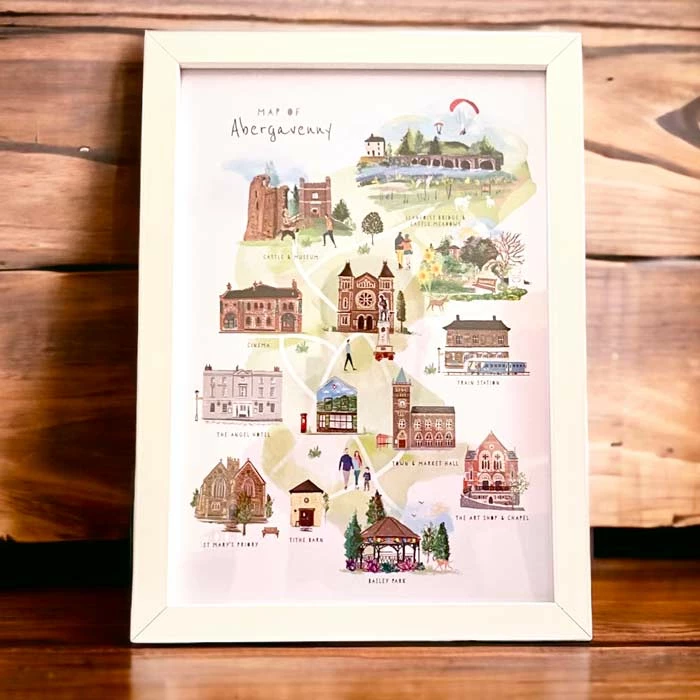 Illustrated Abergavenny Map Print And White Box Frame 3 Illustrated Abergavenny Map Print And White Box Frame