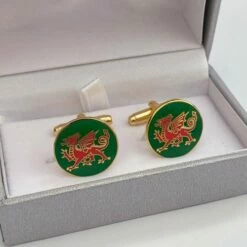 Gold And Green Welsh Dragon Cufflinks