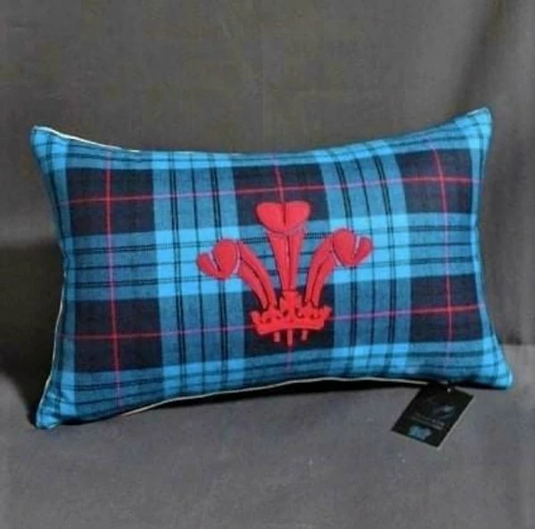 Welsh Tartan Cushion With Prince Of Wales Feathers Blue 3 Welsh Tartan Cushion With Prince Of Wales Feathers Blue